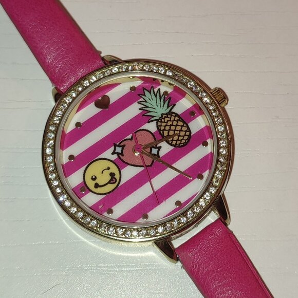 Jessica Carlyle Pink Happy Watch Smiley Heart Pineapple Quartz Stainless Steel - Picture 1 of 10